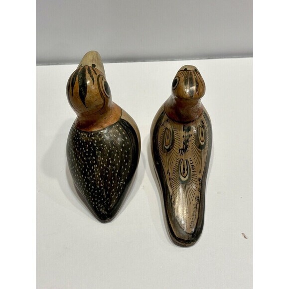 Mexican Pottery Hand Painted Toucan Birds Folk Art Figurine Signed Set 2 Brown - Picture 5 of 14